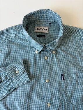 Barbour Gingham Tailored Fit Teal White Button Down Shirt Men’s Medium Preppy